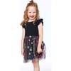 Short Sleeve Dress With Embroidered Tulle Skirt, Black With Multicolor Flowers - Dresses - 3
