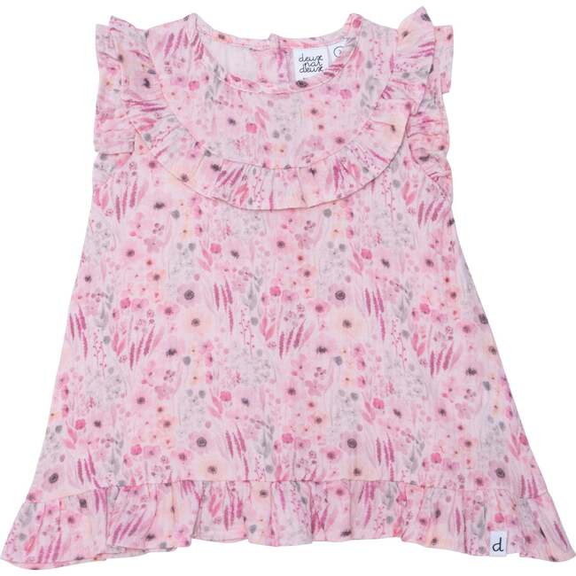 Printed Short Sleeve Blouse With Frill, Pink Watercolor Flowers