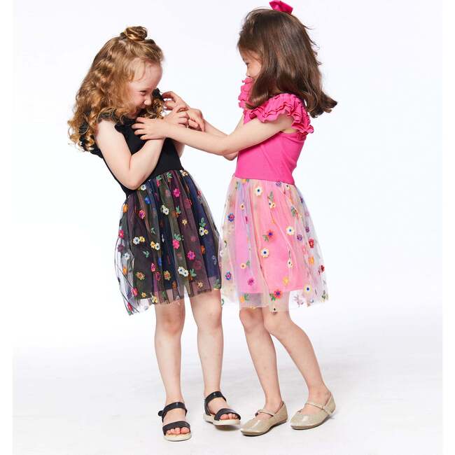 Short Sleeve Dress With Embroidered Tulle Skirt, Black With Multicolor Flowers - Dresses - 4