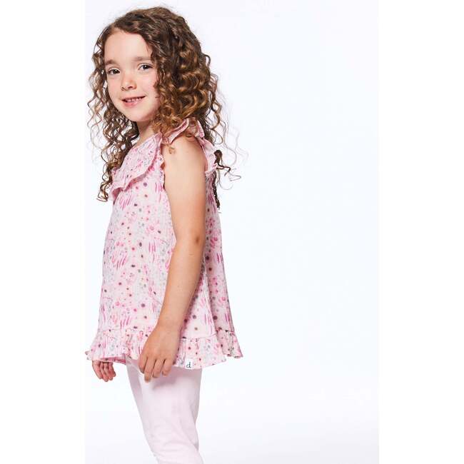 Printed Short Sleeve Blouse With Frill, Pink Watercolor Flowers - Blouses - 2