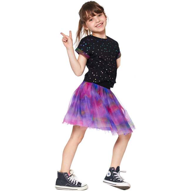 Printed Short Sleeve Dress With Tulle Skirt, Black And Multicolor Waves - Dresses - 3