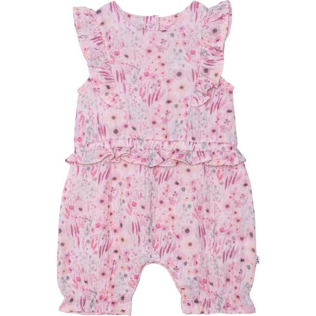 Printed Romper With Frill, Pink Watercolor Flowers - Rompers - 1