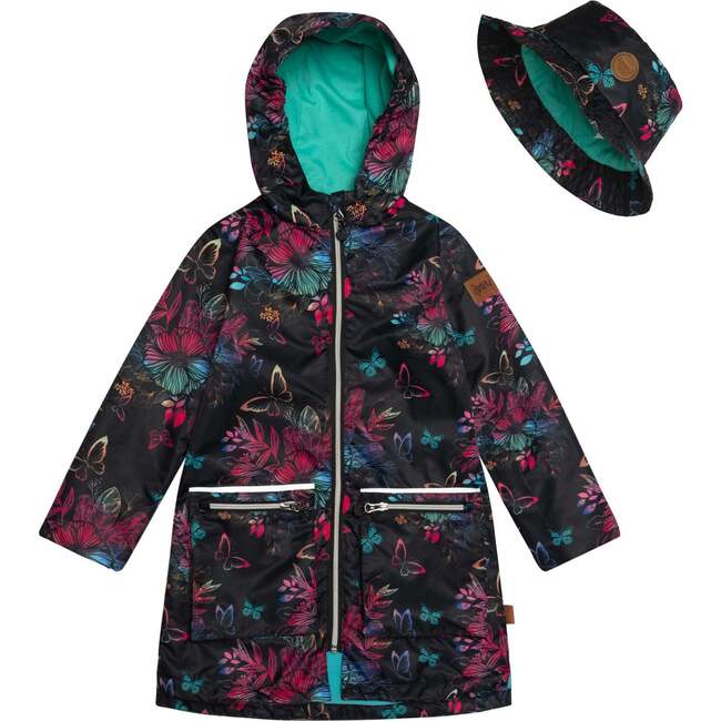 Printed Rain Coat And Hat Set, Black Butterflies