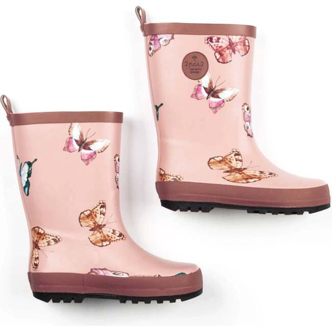 Printed Rain Boots, Pink Watercolor Butterflies - Boots - 1