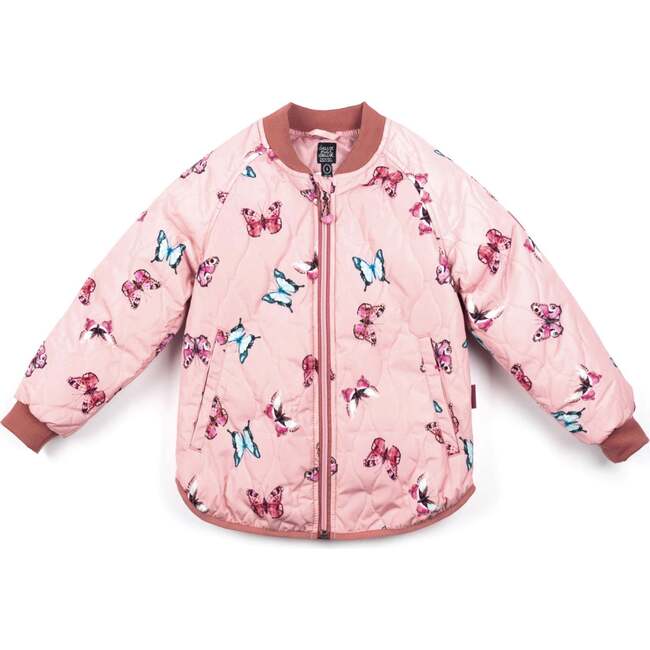 Printed Quilted Zip-Up Jacket, Pink Watercolor Butterflies