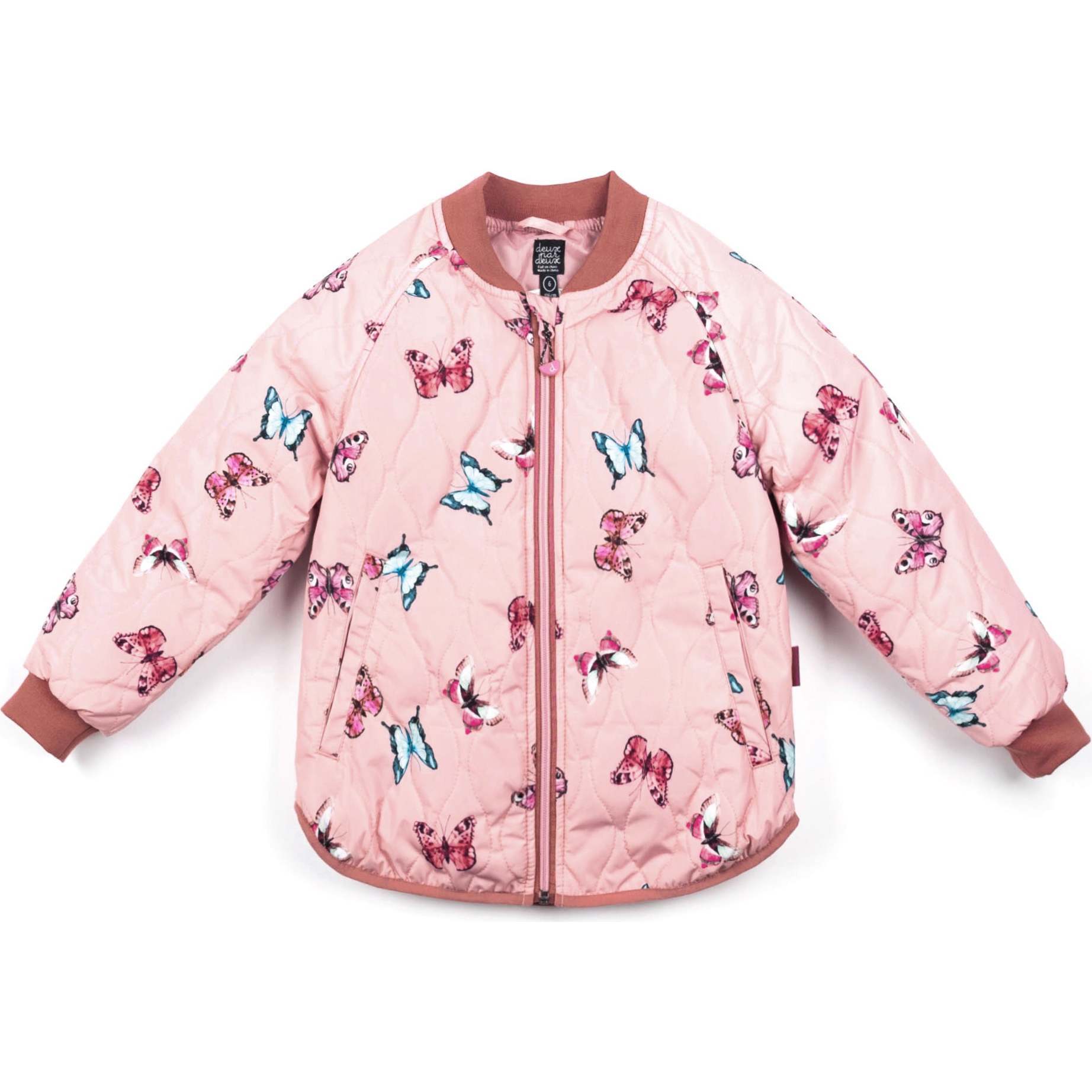 Printed Quilted Zip-Up Jacket, Pink Watercolor Butterflies - Jackets - 1