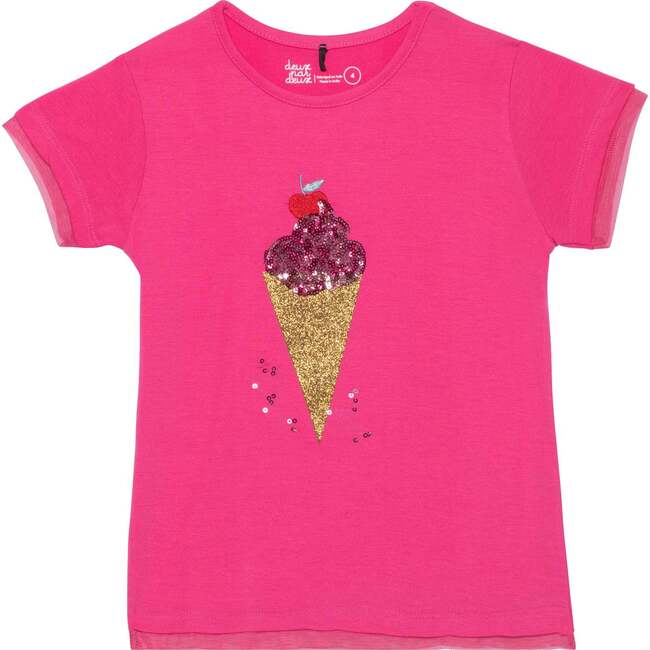 Short Sleeve Tee With Glitter, Graphic Fuchsia Pink - Tees - 1