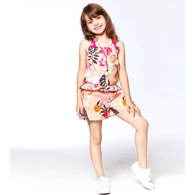 Printed Swiss Dot Jumpsuit With Frill, Beige Jungle - Rompers - 2