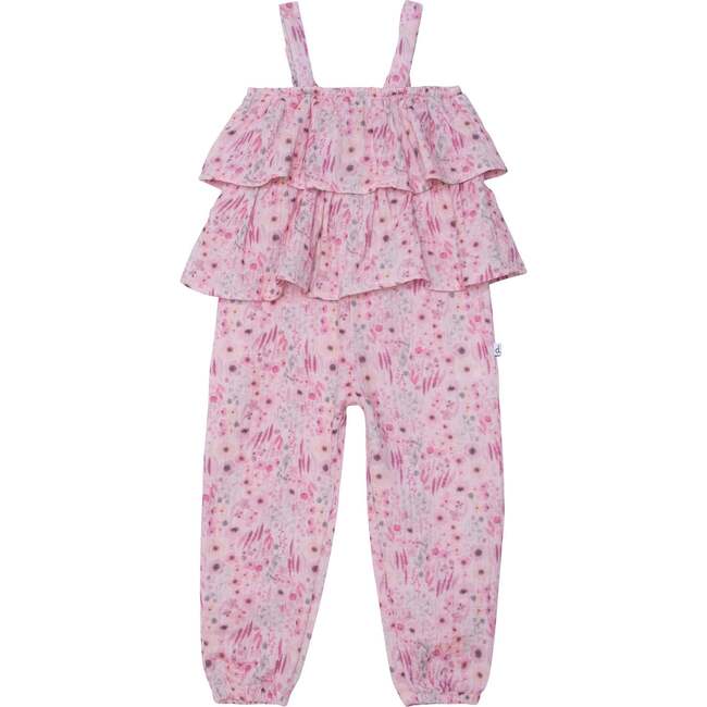 Printed Sleeveless Jumpsuit With Frill, Pink Watercolor Flowers