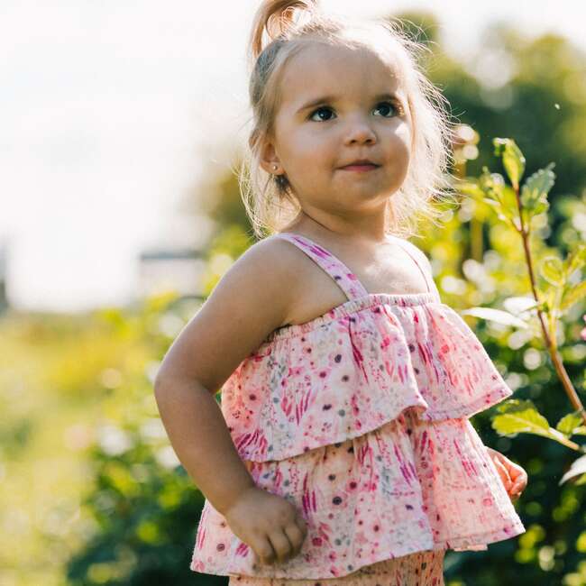 Printed Sleeveless Jumpsuit With Frill, Pink Watercolor Flowers - Rompers - 2