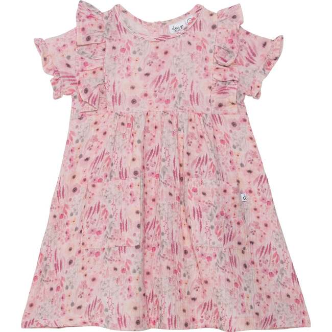 Printed Sleeveless Dress With Frill, Pink Watercolor Flowers