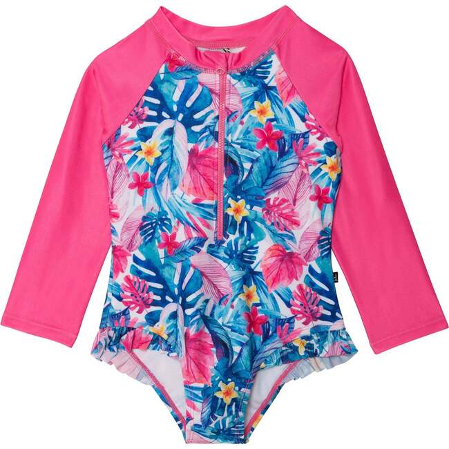 Printed One-Piece Rashguard, Pink And Blue Tropical