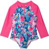 Printed One-Piece Rashguard, Pink And Blue Tropical - Rash Guards - 1 - thumbnail