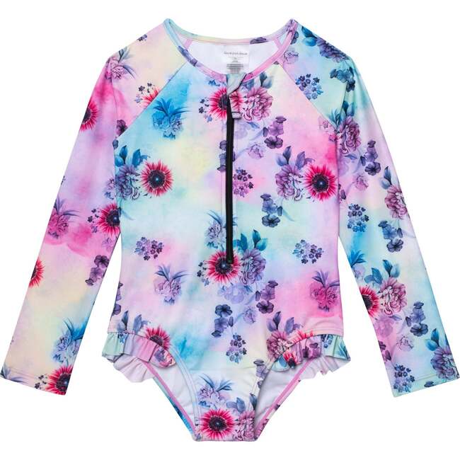 Printed One-Piece Rashguard, Multicolor Flowers