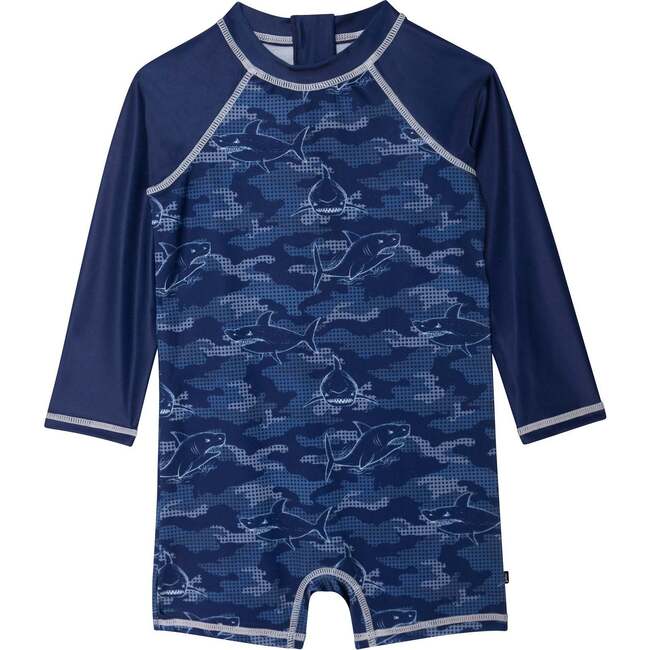 Printed One-Piece Rashguard, Navy Blue Sharks