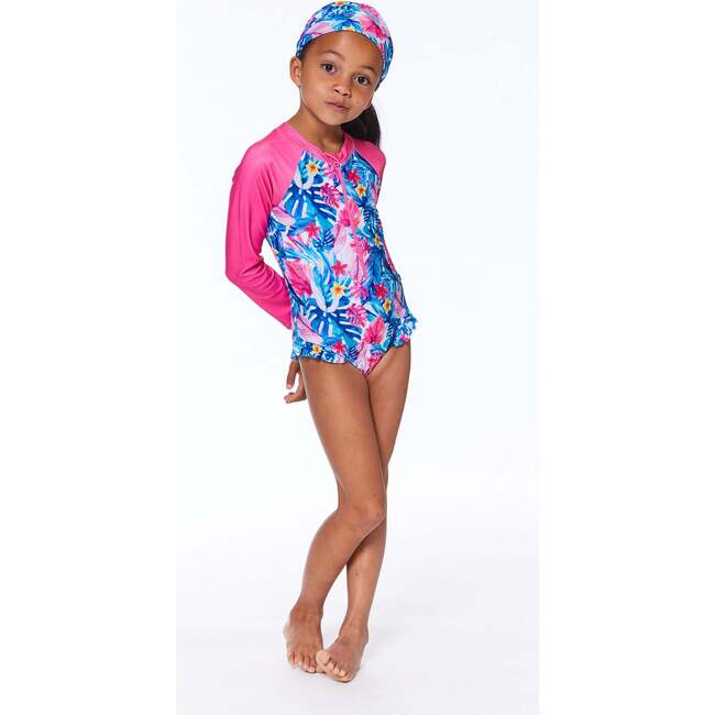 Printed One-Piece Rashguard, Pink And Blue Tropical - Rash Guards - 2