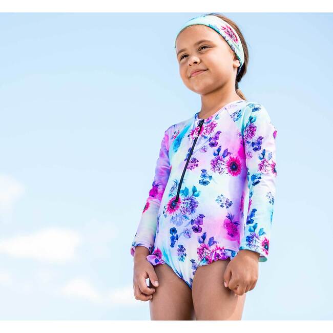 Printed One-Piece Rashguard, Multicolor Flowers - Rash Guards - 2