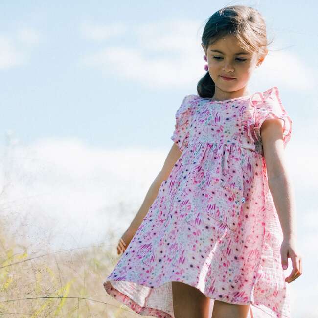 Printed Sleeveless Dress With Frill, Pink Watercolor Flowers - Dresses - 2