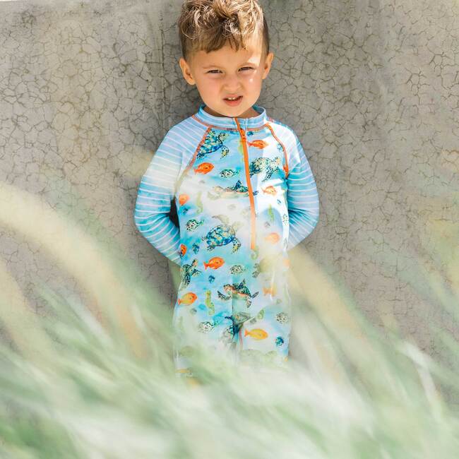 Printed One-Piece Rashguard, Blue Turtles - Rash Guards - 2
