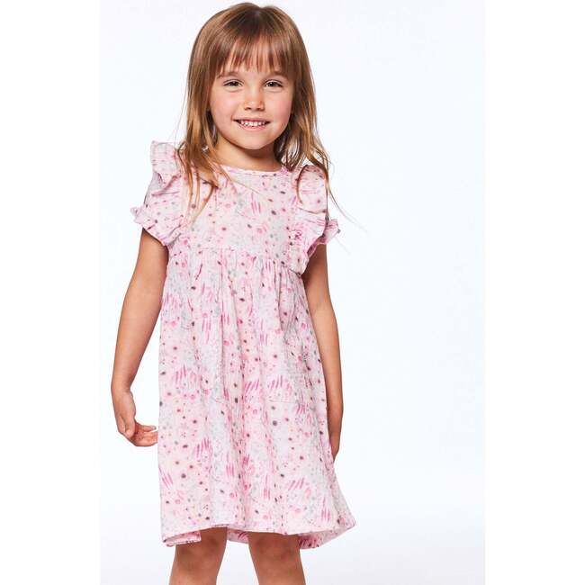 Printed Sleeveless Dress With Frill, Pink Watercolor Flowers - Dresses - 4