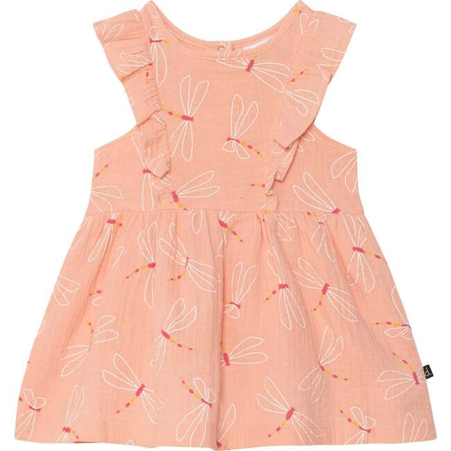 Printed Muslin Cotton Dress, Pink Dragonfly