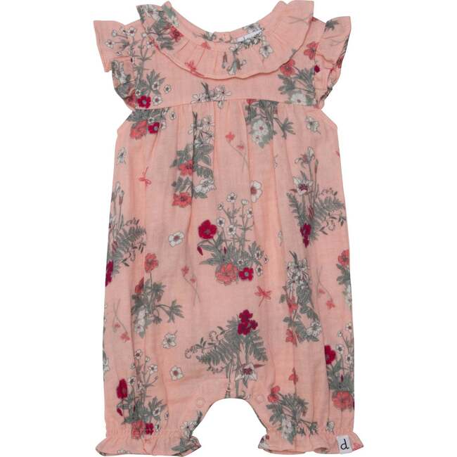 Printed Muslin Cotton Romper With Frill, Vintage Pink Botanical Flowers