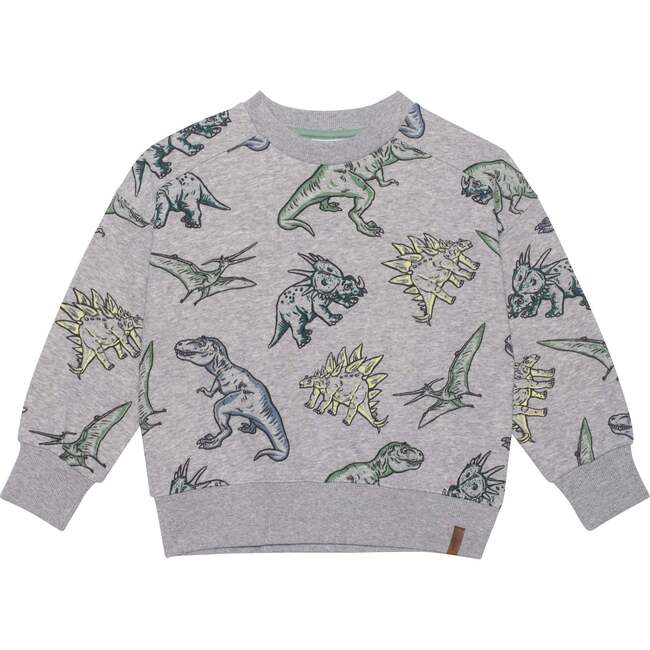 Printed French Terry Sweatshirt, Light Heather Grey Dinosaurs - Sweatshirts - 1