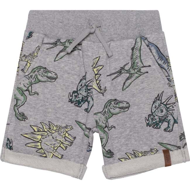 Printed French Terry Shorts, Light Heather Grey Dinosaurs - Shorts - 1