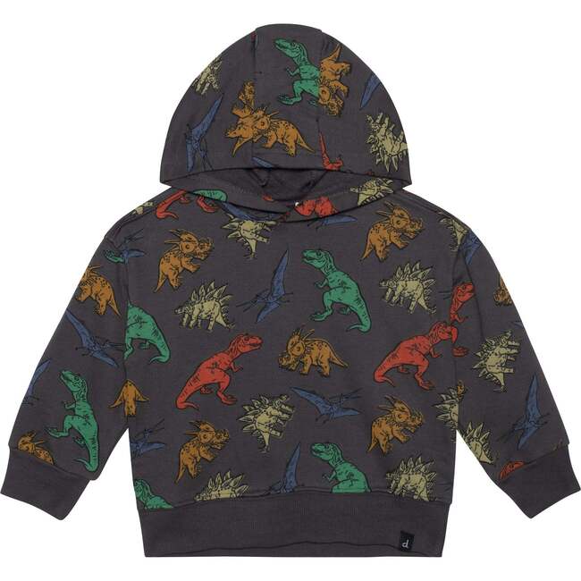 Printed French Terry Top With Hood, Charcoal Grey Multicolor Dinosaurs