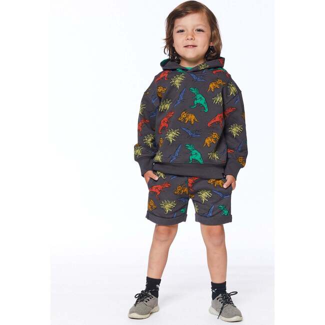 Printed French Terry Top With Hood, Charcoal Grey Multicolor Dinosaurs - Sweatshirts - 3