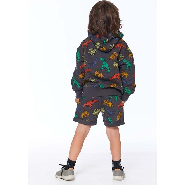 Printed French Terry Top With Hood, Charcoal Grey Multicolor Dinosaurs - Sweatshirts - 4
