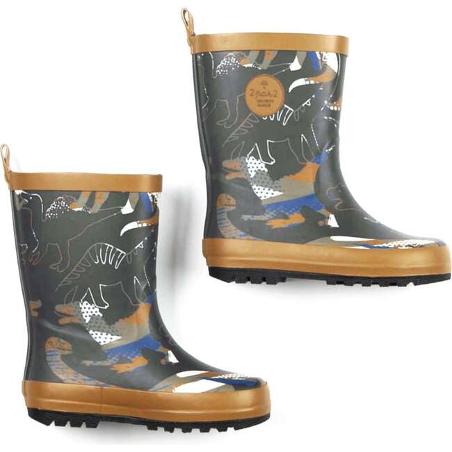 Printed Rain Boots, Khaki Dinosaurs - Boots - 1