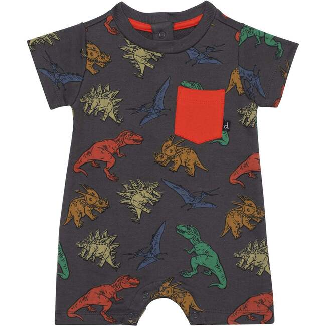 Printed French Terry Romper, Charcoal Grey Multicolor Dinosaurs