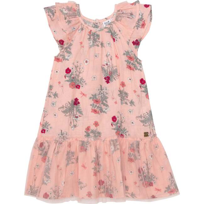 Printed Dress With Ruffle Sleeves, Vintage Pink Botanical Flowers - Dresses - 1