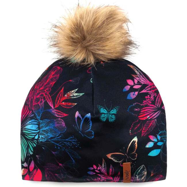 Printed Detachable Pompom Hat, Black Butterflies - Hats - 1