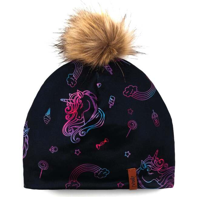 Printed Detachable Pompom Hat, Black Unicorns