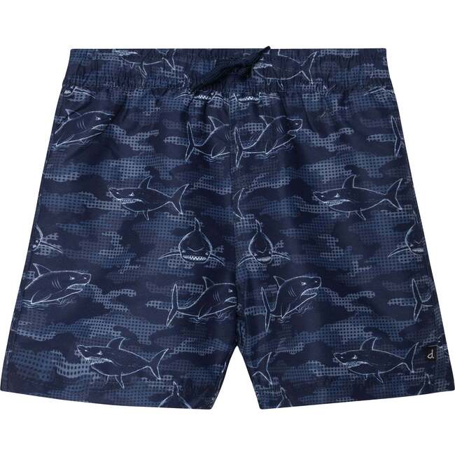Printed Boardshort, Navy Blue Sharks - Swim Trunks - 1