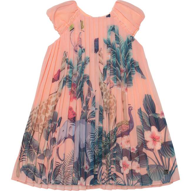 Pleated Dress With Border, Print Peach Pink