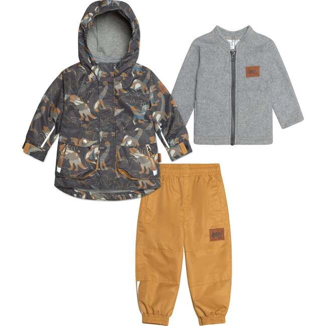 Printed 3-in-1 Rain Set, Khaki Dinosaurs And Golden Beige