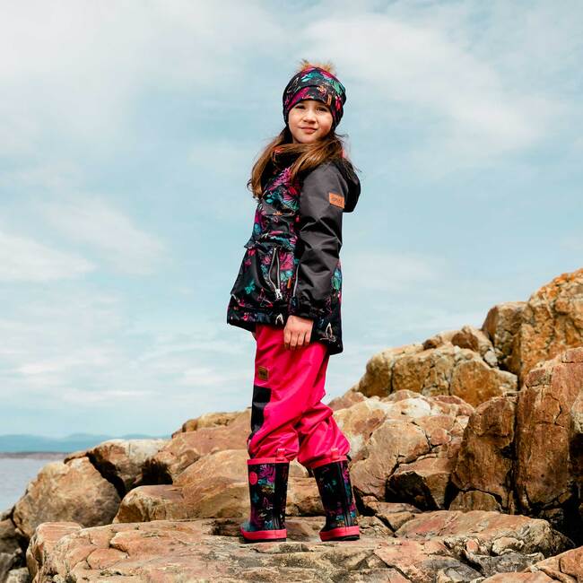 Printed 3-in-1 Rain Set, Black Butterflies And Fuchsia Pink - Raincoats - 2