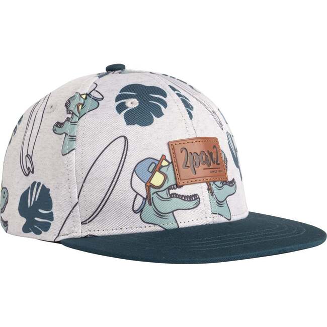 Printed Cap, Light Heather Grey And Teal Dinosaurs - Hats - 1