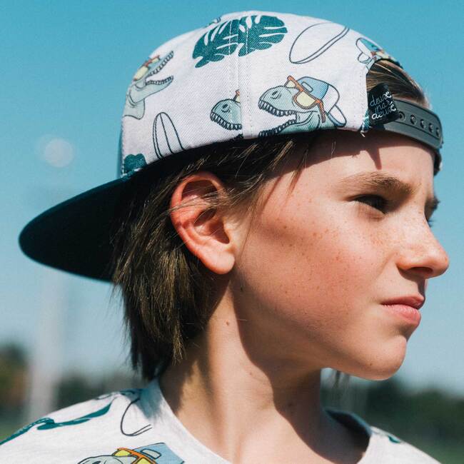 Printed Cap, Light Heather Grey And Teal Dinosaurs - Hats - 2