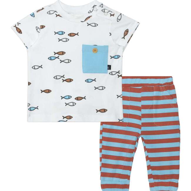 Organic Cotton Top And Pant Set, White Fish Print With Blue Stripe