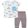Organic Cotton Top And Pant Set, White Fish Print With Blue Stripe - Mixed Apparel Set - 1 - thumbnail