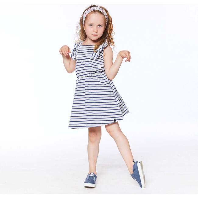 Organic Cotton Striped Sleeveless Smocked Dress, Oatmeal Mix And Navy Blue - Dresses - 2