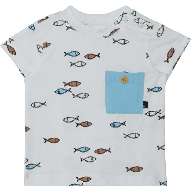 Organic Cotton Top And Pant Set, White Fish Print With Blue Stripe - Mixed Apparel Set - 2