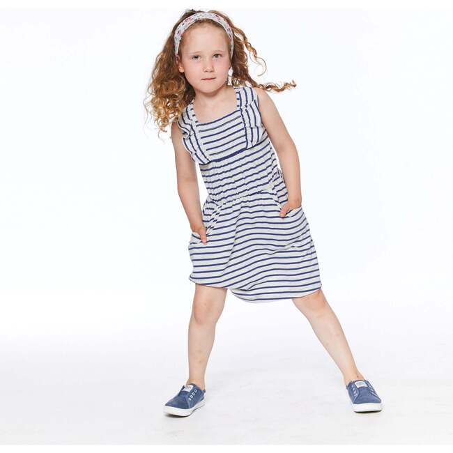 Organic Cotton Striped Sleeveless Smocked Dress, Oatmeal Mix And Navy Blue - Dresses - 3