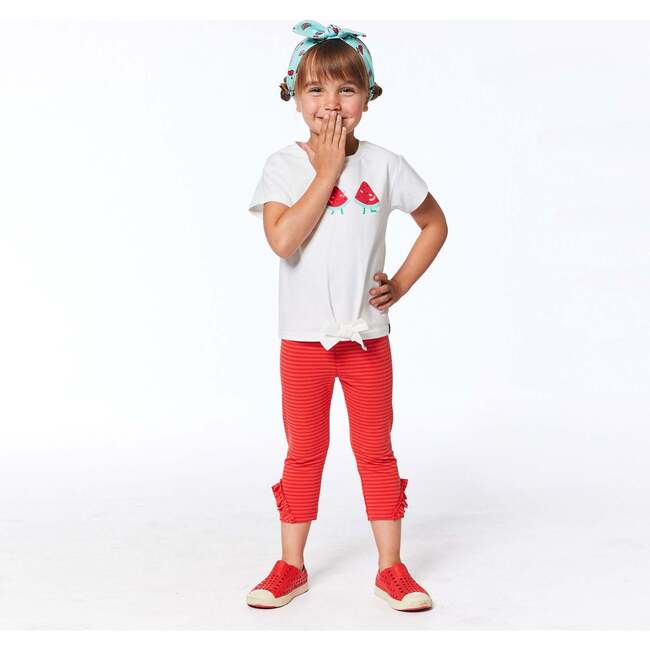Organic Cotton Striped Capri With Frill, Red - Leggings - 2
