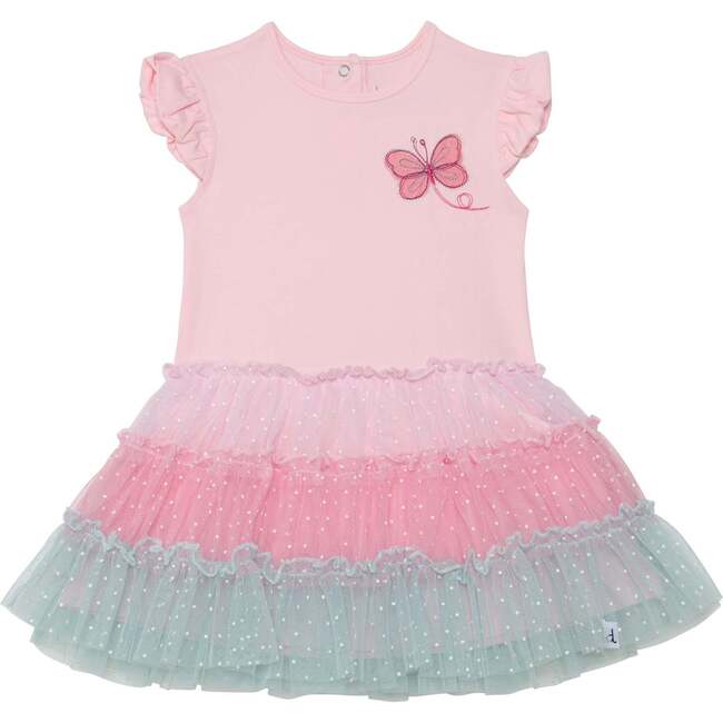 Organic Cotton Short Sleeve Dress With Ruffle Tulle Skirt, Light Pink - Dresses - 1