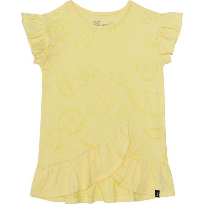 Organic Cotton Short Sleeve Glitter Graphic Tunic With Frill, Yellow